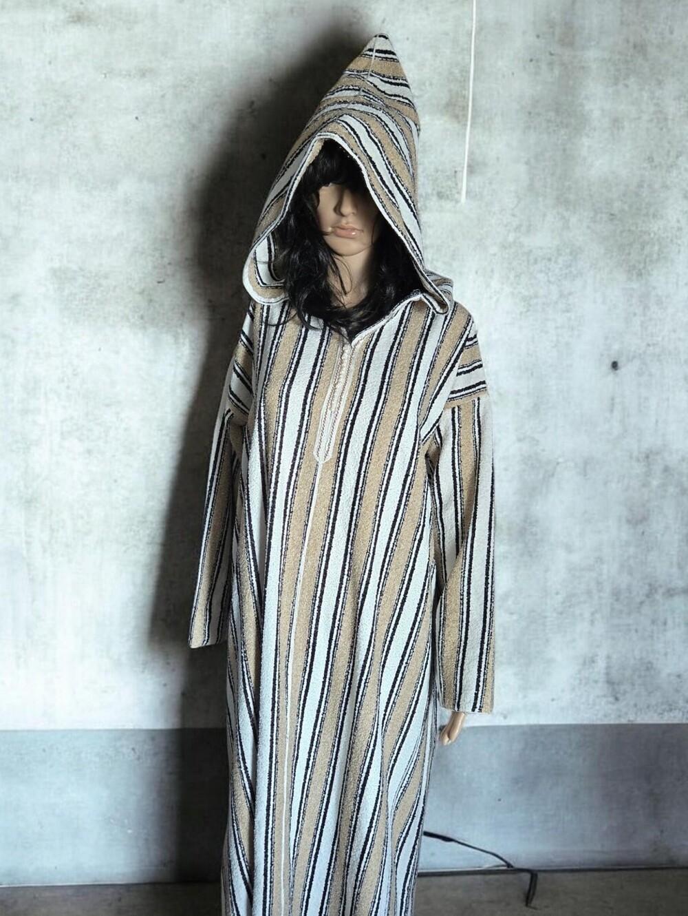 Striped Hooded Kaftan Dress Cream Black Tan Bohemian L